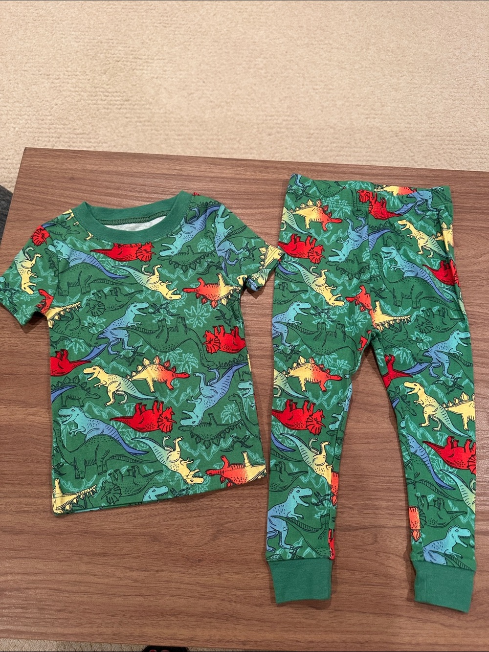 wonder nation Green Dinosaur Pajama Set with Red, Yellow & Blue Dinosaurs